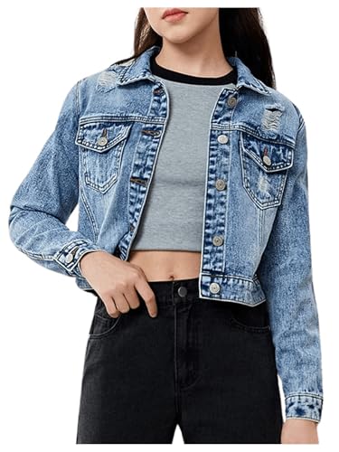 Verdusa Girl's Ripped Button Front Long Sleeve Flap Pocket Collared Denim Jacket Coats