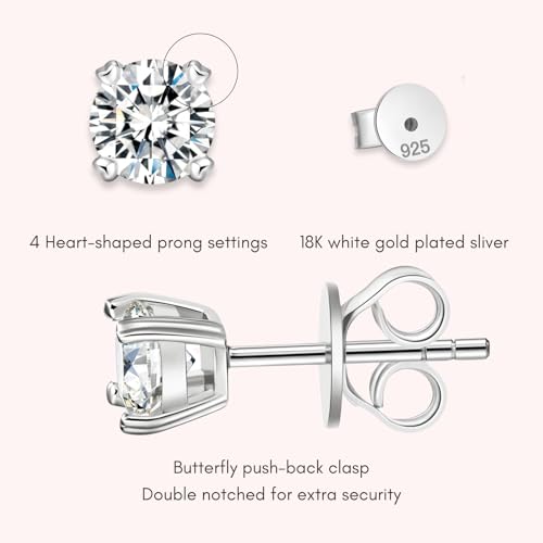 LOVE&LOVE Moissanite Stud Earrings for Women Men, 1CT&2CT D color VVS1｜18K White Gold Plated Silver, Sparkly Hypoallergenic Gift, Birthday Anniversary Graduation4