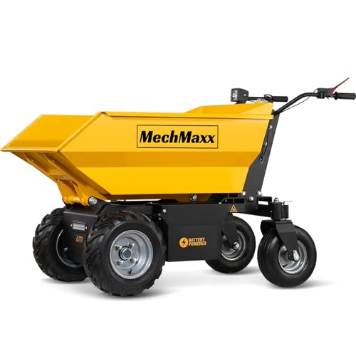 MechMaxx 1100Lb Loading 48V Battery Powered Wheel Barrow Electric Dumper Cart with 30W Light, Hydraulic Tipping, 1000W Brushless DC Motor, LED Display Screen, Model EH50 Yellow