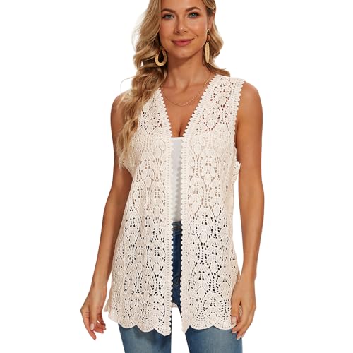 Image of Womens Floral Crochet Lace Boho Trim Sleeveless Open Front Vest Cardigan