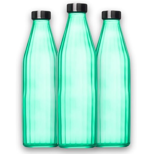 Image of SAND DUNE TorquiseColour Glass water bottle, 800 ml Each, Set of 3, with Leak-Proof Airtight Stainless-Steel Lid for Water, Smoothie, Juices - Reusable Travel Glass Drinking Fridge Bottles