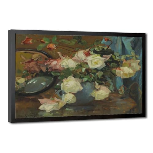 Nature morte des années 1900-20 avec roses et vase bleu pour tableau décoration murale rétro