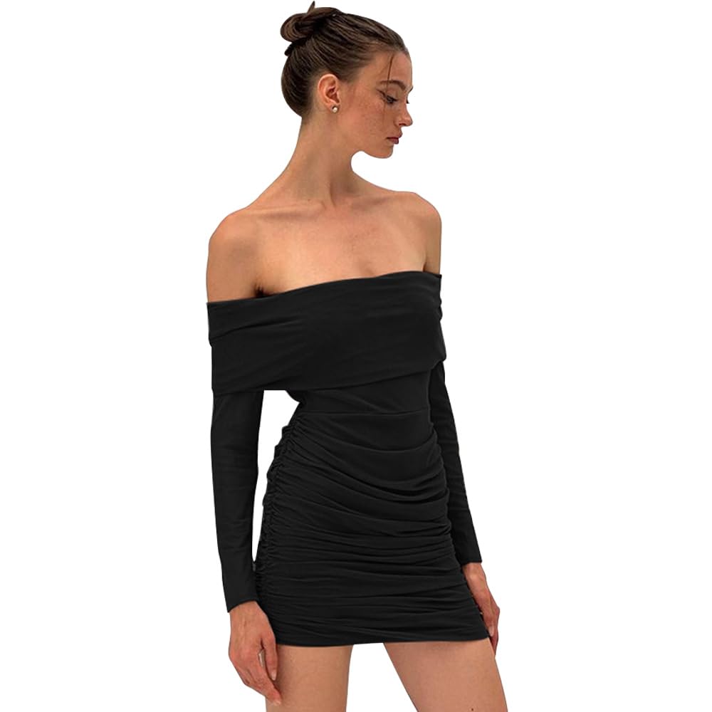 BKEPDY Vestidos de Fiesta para Mujer Vestidos con Hombros Descubiertos Elegante Bodycon Manga Larga Otoño Invierno Sexy Vestido Corto a La Cadera Minivestidos para Fiesta Cóctel