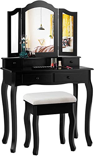 Giantex Vanity Table Set with Tri-folding Mirror and 4 Drawers, Modern Bedroom Bathroom Dressing Table Makeup Desk with Cushioned Stool, for Women Girls (Black)