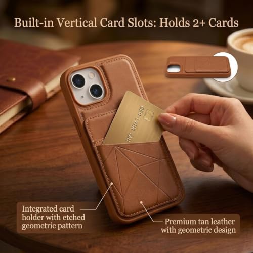 Image of amazon basics Premium Vegan Leather Back Cover with Card Holder and Integrated Mobile Stand for iPhone 13 - Slim Shockproof Wallet Case with Geometric Stitching [Tan]