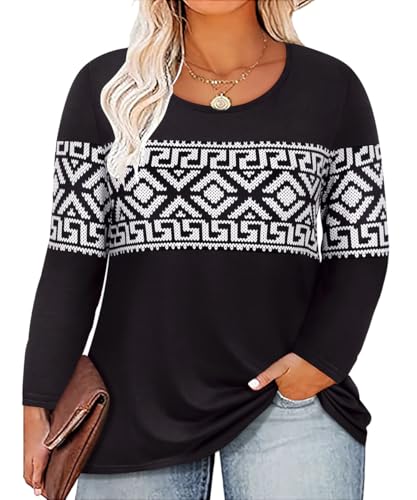 Image of CARCOS Plus Size Tops for Women Color Block Flower /Striped /Camo Crew Neck Long Sleeve Tee Shirt