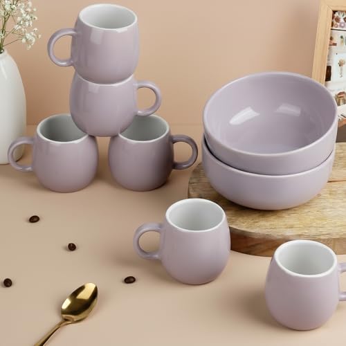 Image of The Earth Store Solid Lavender Snack Bowl & Tea Cup Combo | 2 Bowls 500ML & 6 Cups 190ML | Microwave & Dishwasher Safe - Multipurpose Combo for Gifting, Coffee, Snacks