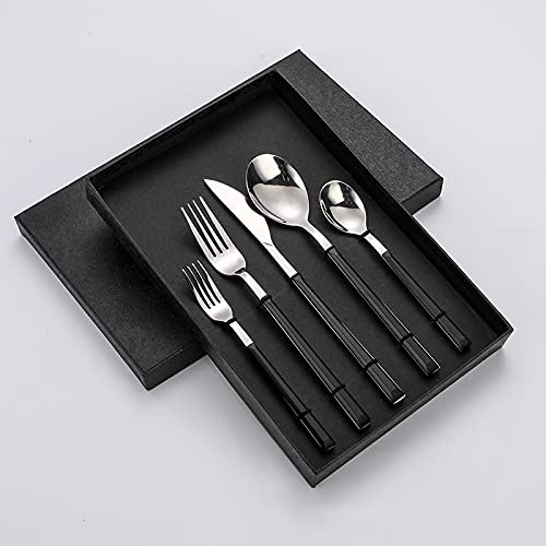Coffret Cadeau de Couverts en Acier Inoxydable à Manche carré Noir, Comprenant 5, 20, 30, 40, 50 ou 60 pièces (Couteau, Fourchette et cuillère). Couleur : Argent.