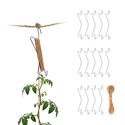 Relaxdays Tomaten Haken 15er Set 5 Meter kompostierbare Juteschnur Gurken Paprika Metall Pflanzenstütze Silber