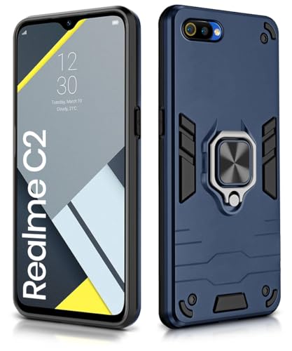 Image of WOW IMAGINE Shock Proof Back Case Mobile Cover for Realme C2 | Back Cover Case (Tough Armor | Hybrid PC + TPU | Ring Holder & in-Built Kickstand | Blue)