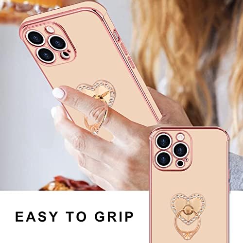 Teageo for iPhone 13 Pro Max Case with Diamond Ring Holder, Girly Cute Glitter Heart Design Rotatable Finger Holder Stand Phone Cases Shockproof Plating Bumper Soft Silicone Back Cover, Pink