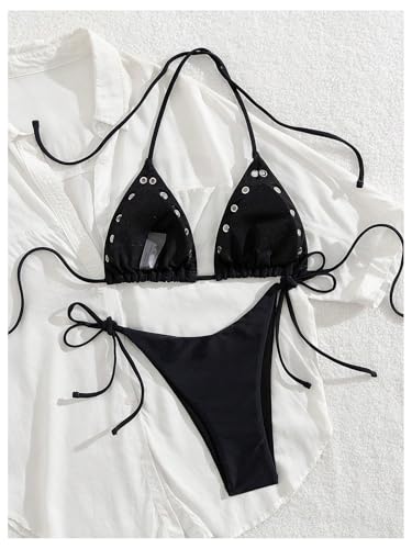 Women's 2 Piece Sexy Micro Bikini Sets Grommet Eyelet Swimsuit Halter Triangle Tie Side Cheeky Bathing Suit2