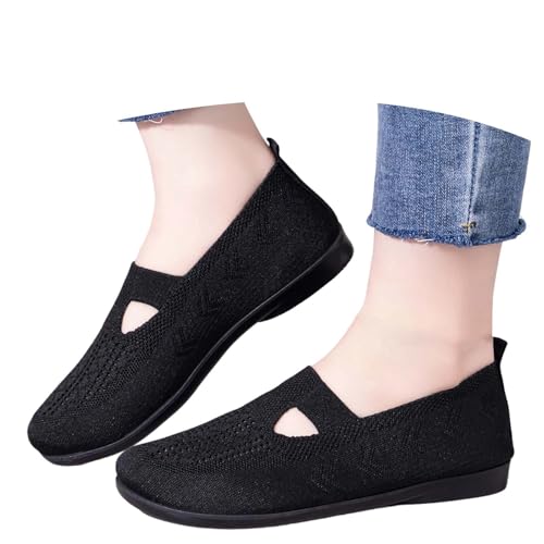 Zapatillas Mujer Verano Zapatillas Zapatos Casuales de Punto Transpirables sin Cordones con Punta Redonda a la Moda para Caminar y Comodidad Diaria (Black, 42)