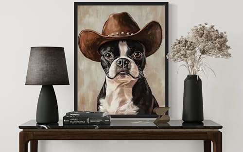 Image of Boston Terrier Cowboy Hat Black Framed Wall Art Print Poster, Dog Pet Lover Picture Painting Artwork Bedroom Living Room Office Dining Room 150D (Boston Terrier Cowboy Hat, 10 inch L x 8 inch W, Black Frame)