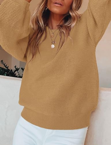 Image of ZESICA Women's Crew Neck Long Lantern Sleeve Fall 2026 Casual Loose Ribbed Knit Solid Soft Pullover Sweater Tops