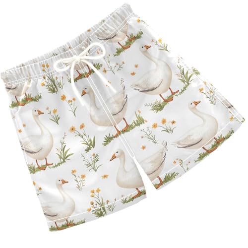 Pigsaly Boys' Swim Board Shorts Yellow Flowers White Geese Goose Boy's Swim Trunks Kids Swimwear 4T