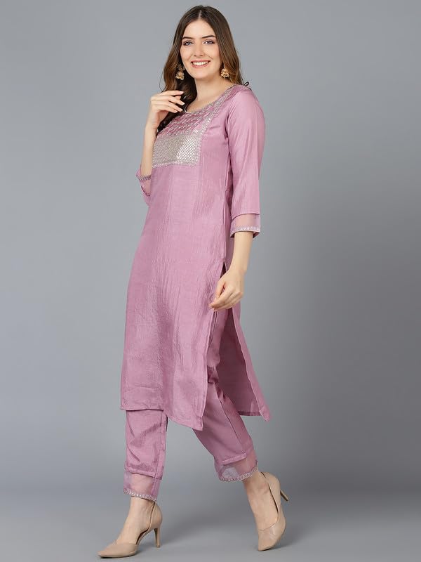 Image of Vaamsi Women's Silk Blend Sequins Yoke Design Straight Kurta Pant With Dupatta