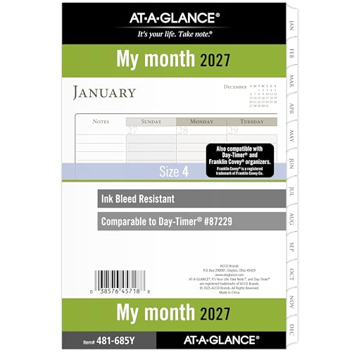 AT-A-GLANCE 2027 Planner Refill Monthly 5.5 x 8.5 Desk Size 4 Tabbed 7-Ring Loose-Leaf (481-685Y-27)