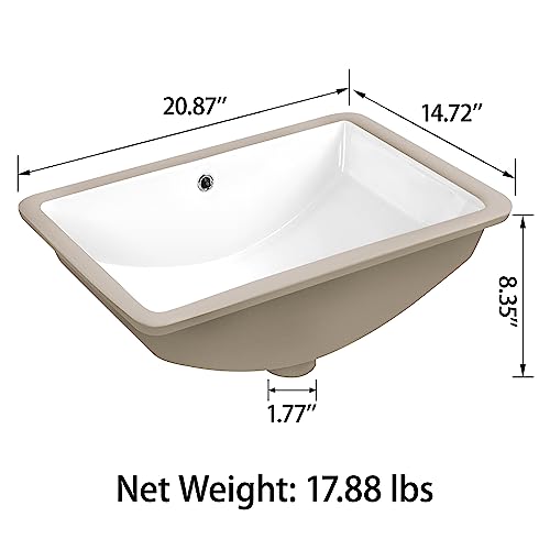 Sinber 21 Inches Undermount Rectangular Bathroom Sink with Overflow Ceramic White Finish C1312-OL
