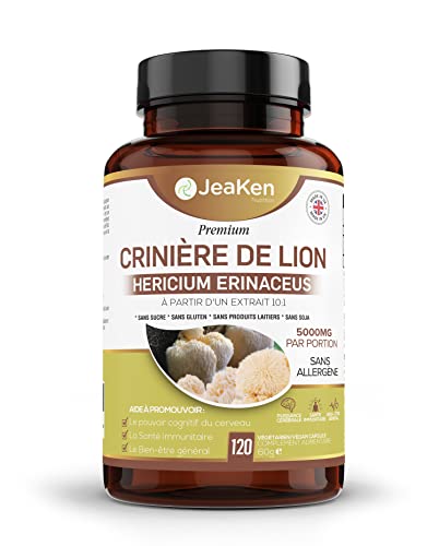 LIONS MANE HERICIUM ERINACEUS - Crinière de Lion Concentration 10X 10:1 Extrait - Complement Alimentaire Cerveau Clair - Concentration et Mémoire - 120 Capsules Végétaliennes - 5000mg par Portion Cover