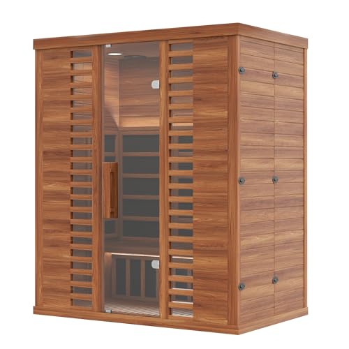MNLR 3 Person Infrared Home Sauna, Wood Indoor Dry Sauna Low EMF FAR with Red Light 1500W/120V LCD Heater,WiFi & Bluetooth Speakers with Flame-Retardant Materials