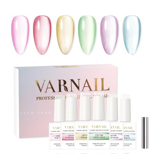 VARNAIL Candy Velvet Cat Eye Gel Polish Kit 6 Colors, Glitter 9D ...
