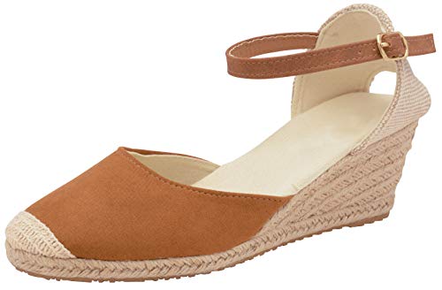 Lora Dora Sandales compensées en toile de jute pour femmes avec semelle à mémoire de forme, talons mi-hauts, espadrilles à la mode avec bride à la...