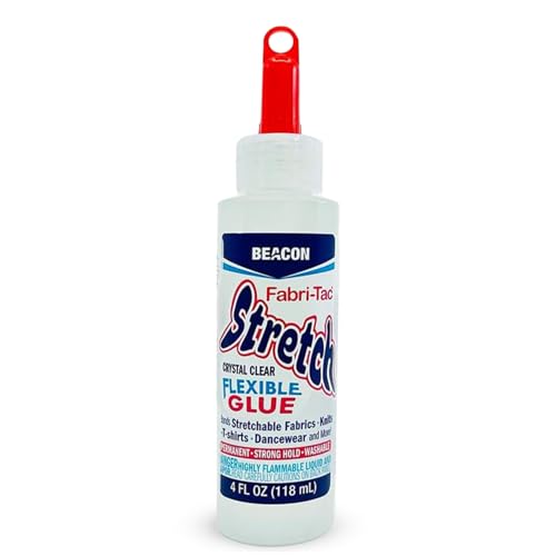 Beacon Fabri-Tac STRETCH Glue 4oz – Stretchable & Flexible Fabric Adhesive for Knits, Dancewear, & Stretch Fabrics – Clear, Fast-Drying, Permanent Bond option