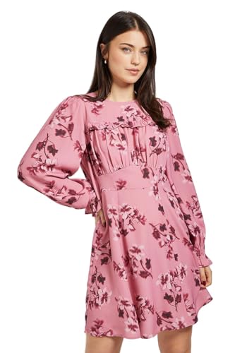 Image of Dorothy Perkins Pink Floral Gathered Bodice Lace Back Long Sleeve Mini Dress, 18, Floral
