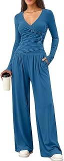 Sports Set Women Long Sleeve V-Neck 2 Piece Tracksuit Sexy Slim Fit Crossed Top and Wide Pants with Pockets Casual Tracksuit Home Pajamas Autumn Clothes for Fitness