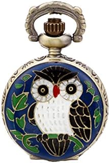 JewelryWe Blue Night Owl Quartz Pocket Watch Pendant 31" Chain Necklace (with Gift Bag)