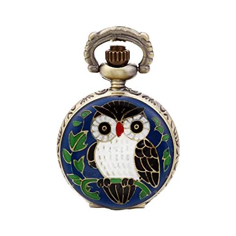 JewelryWe Blue Night Owl Quartz Pocket Watch Pendant 31" Chain Necklace (with Gift Bag) Cover
