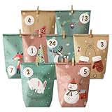 ONBAGLST Adventskalender zum Befüllen mit 24 Geschenktüten und 24 Nummernaufklebern sowie Holzklammern, Weihnachtskalender für Bastelarbeiten, Geschenke und Advent.