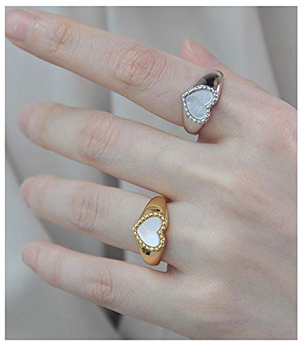 Vintage Heart S925 Sterling Silver Ring For Women Girls Dainty Engagement Promise Love Expandable Open Finger Statement Stacking Rings Adjustable Fashion Valentine Mother's Day Shell Pearl Gold #TOP2