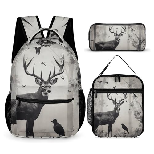 Hunting Silhouette of Deer Backpack Set 3 Piece, Durable Backpack Insulated Lunch Bag Portable Pencil Case for Men Women