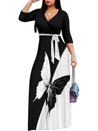 Image of PinkPatty Plus Size Maxi Dresses for Women Casual Flowy Long Dress 3 /4 Sleeve V Neck Wrap Dress with Belt