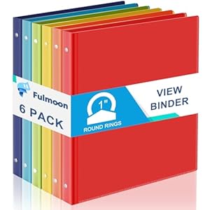 Fulmoon 6 Pack Plastic 3 Ring Binder Assorted Colors Economy Flexible Binder Round Ring Presentation Binders with Pocket for Office School Meeting(Bright, 1 Inch)