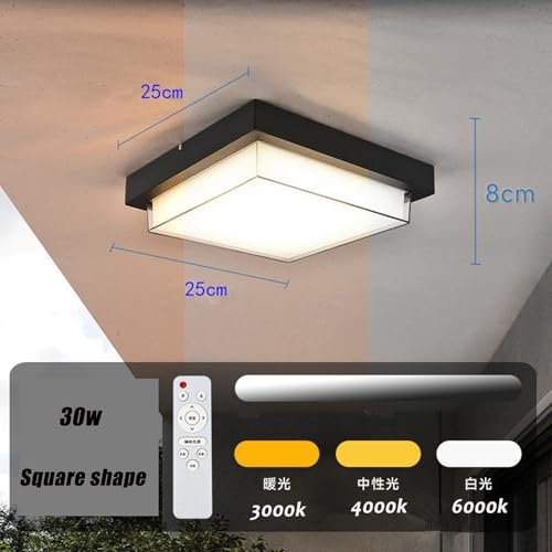 屋外用LEDスクエアシーリングライト（フラッシュマウント型）— 110-240V / 24W / 3色切替（3000K・4000K・6000K）/ 9インチ — ポーチ・バルコニー・パティオ用防水照明（ブラック）(2pcs,30w(1800lm)) [2]