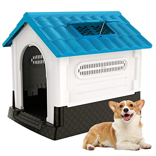 Roomtec 33 Inch Plastic Dog House Outdoor Indoor,Durable Dog House For Medium/Large Dogs,Waterproof Dog Houses With Sunroof (33.07" L *27.56" W *29.92 "H,Blue) #TOP22