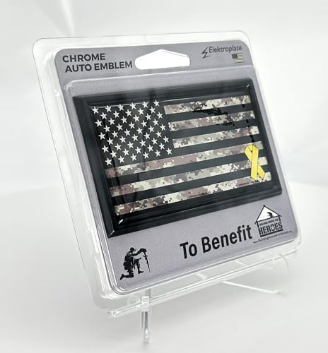 Image of Elektroplate Support Our Troops Camo Flag with Yellow Ribbon All Metal Emblem for Cars, Trucks, and All Auto | Universal Fit at 3.8 inch x 2.5 inch | Weatherproof