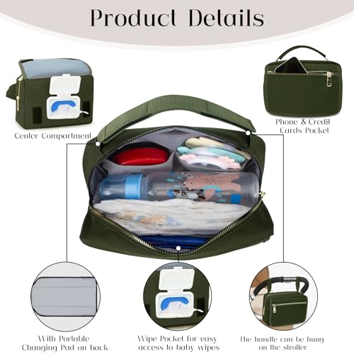Image of printe Small Diaper Bag with Portable Changing Pad, Crossbody Diaper Pack with Wipes Pocket, Women Waist Bag for Travel Stroller, Olive Green