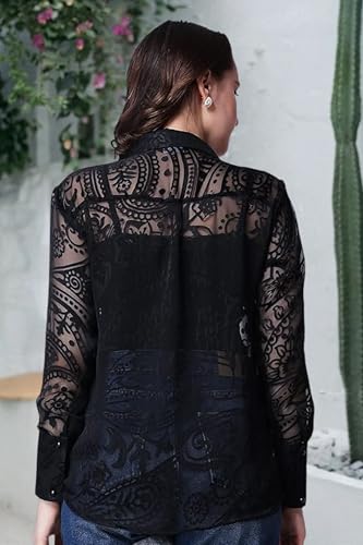 Image of POPWINGS Casual Net Laces Brasso Design Transparent Shirt for Women || Stylish Western Net Shirt for Women || Women Shirt for Summer || Full Sleeves Shirt for Women