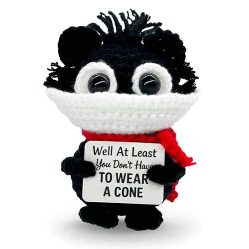 LUDEONA Funny Get Well Soon Gift - At Least You Dont Have to Wear a Cone Crochet Cat Plush - Handmade Surgery Recovery Gift for Men & Women Vasectomy Gag Gift Emotional Support Mini Desk Decor