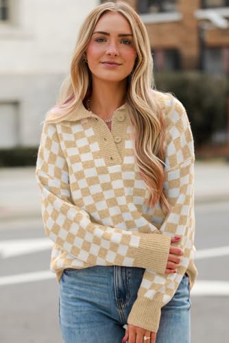 Women's Apricot Checkered Buttoned Collar V Neck Drop Shoulder Sweater4