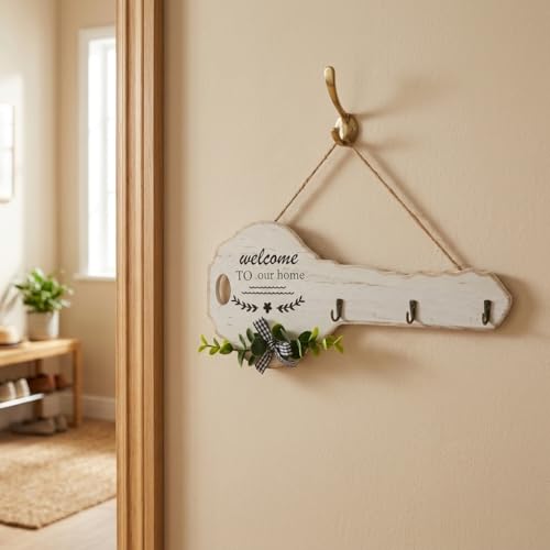 Image of CraftVatika Wooden Key Holder for Wall with 3 Hooks, Key Shape Wall Hanging Organizer Rack, Decorative Entryway Holder for Home Entrance, Wall Mounted Stand, Housewarming Gift, Home Decor Items