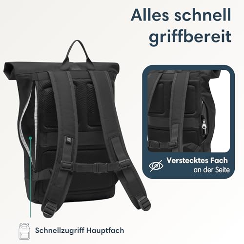 LARKSON Rucksack Damen & Herren Schwarz - Janne Small - Rolltop Rucksack mit Laptopfach für Uni, Arbeit, Reise & Fahrrad - Backpack Tagesrucksack Klein - Wasserabweisend