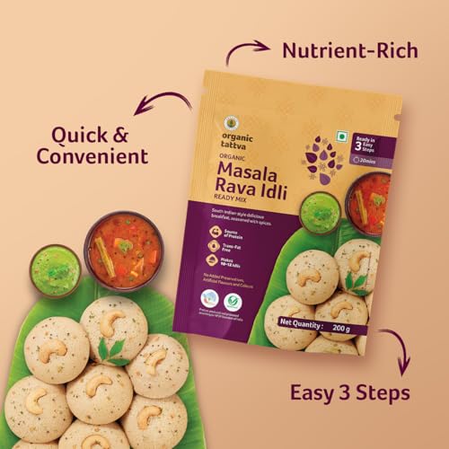 Image of Organic Tattva Masala Rava Idli Instant Mix 200g, Ready in 4 Steps, 4 Pack | Source of Protein, No Artificial Preservatives, No Cholesterol & Trans Fat, Ideal for Quick Breakfast Meals & Snacks