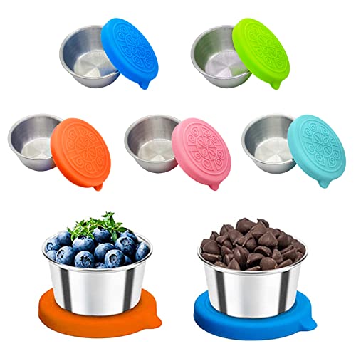50ml Kleine Edelstahl Salatdressing Behälter 5 Stück, überlegene Qualität Gewürzbehälter mit Silikon Deckel, Auslaufsichere, Wiederverwendbare Mini Dip Sauce Becher Snack Box Lebensmittelbehälter