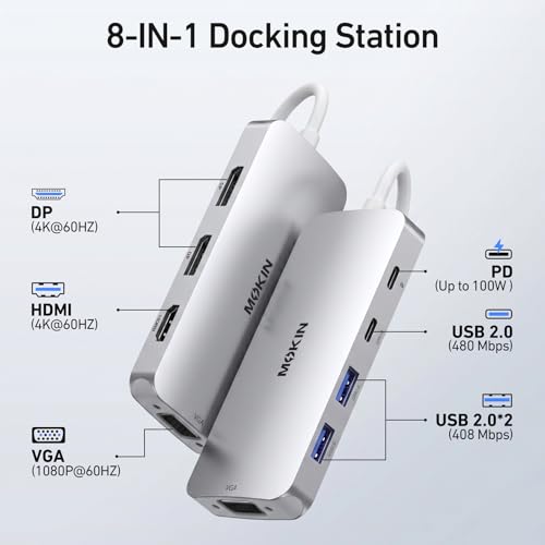 Image of USB C Docking Station Dual DisplayPort, 8 in 1 USB Hub with 2 DP, HDMI, VGA, USB C 2.0, A 2.0, PD Charging Port, Multi Monitor Adapter for Dell /HP Laptops, Silver