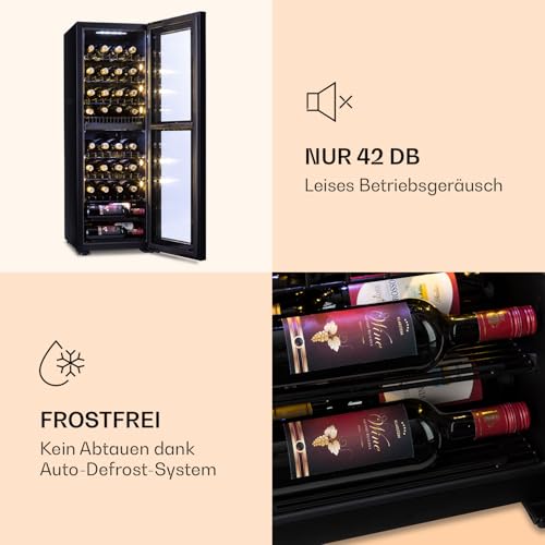 Klarstein Weinkühlschrank Freistehend, Kleiner Getränkekühlschrank Schmal, 2 Zone Weinkühlschrank mit Glastür, Indoor/Outdoor Beersafe, Kühlschrank Klein mit UV-Schutz, 5-18°C, 39 Flaschen